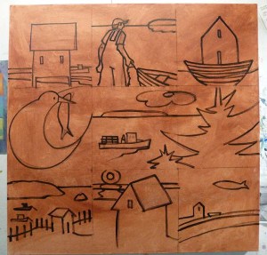 Preliminary sketch on canvas of segmented/chapters of 36x36 painting.